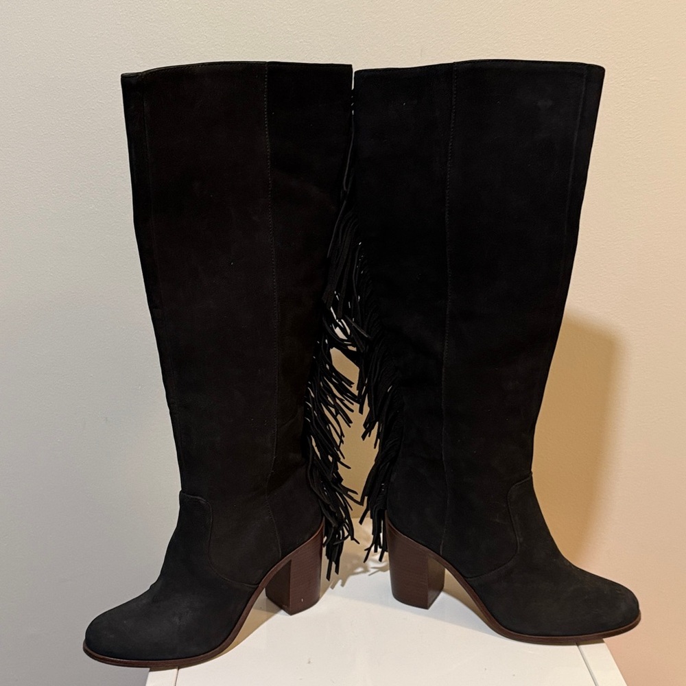 Gianni Bini Women's Black Suede Knee High Fringe Boots Size 8 - Picture 10 of 16